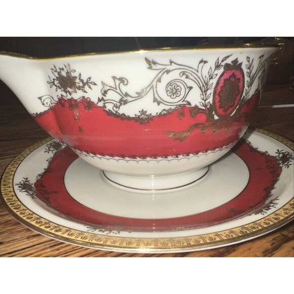 Meito MANDARIN Gravy Boat & Attached Underplate Red Gold Excellent Pristine! - Picture 7 of 8
